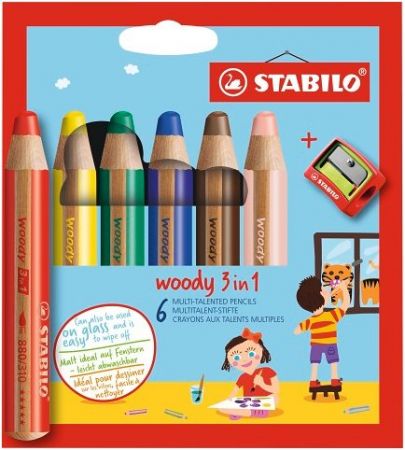STABILO Pastelka, vodovka &amp; voskovka v jednom - woody 3 in 1 - 6 ks sada s ořezávátkem - 6