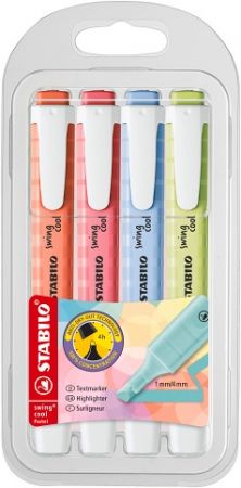 STABILO Zvýrazňovač - swing cool Pastel - 4 ks sada - limetková, třešnová, obláčkově modrá