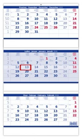 Kalendář nástěnný Tříměsíční skládaný modrý 2026 / 59cm x 31,5cm / N208-26