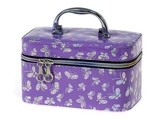 Kufřík se zipem a zrcátkem, velikost S, motiv:fialový motýlci, 19x12x11cm