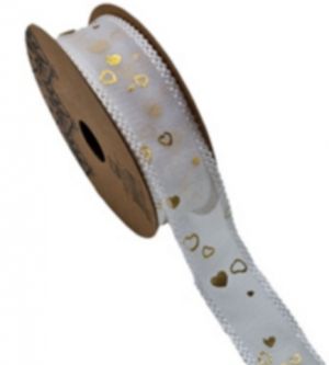 Dekorační stuha bílá s zlatými srdíčky a krajkovým okrajem