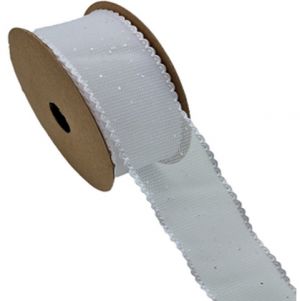 Dekorační stuha s třpytkami a ozdobným lemem bílá 3,8 cm