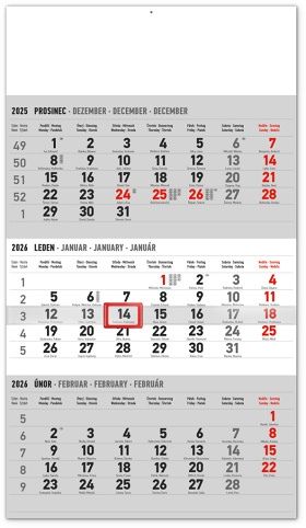 Kalendář nástěnný 3měsíční standard šedý – s českými jmény 2026, 29,5 x 43 cm / PGN-35760-