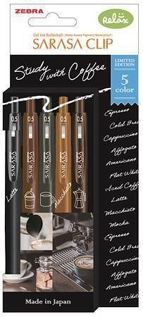 Gelové pero "Sarasa Study with Coffee", 5 barev, sada, 0,33 mm, stiskací mechanismus, ZEBR