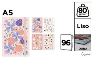 Notes A5 s gumou 96l  - Kytky mix 6x linka, 3x čistý, 3x čtvereček