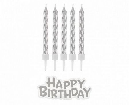 Svíčky dortové 6cm 16ks 16 stříbrné + nápis Happy birthday