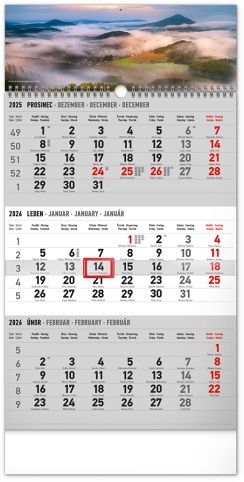 Kalendář nástěnný 3měsíční Krajina šedý – s českými jmény 2026, 29,5 x 43 cm / PGN-35762-L