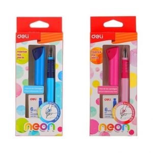 Školní inkoustové pero Deli Q801 Neon + 6ks bombiček