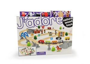 Vláčková dřevěná dráha s mostem a doplňky