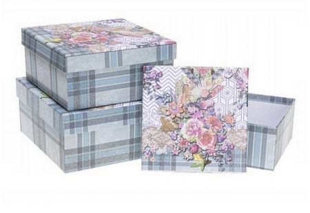 Dárková krabička – Květinový motiv na modrém podkladu, sada 3 ks