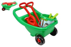 Sada na zahradu plast kolečko, kbelík, konvička s doplňky v síťce 31x52x31cm