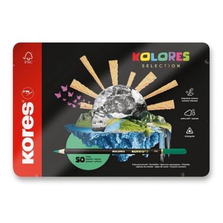 Trojhranné pastelky Kores Kolores Selection - plechová krabička, 50 barev
