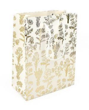 Taška dárková papírová, bílá, zlaté luční kvítí, 18 x 23 x 9 cm