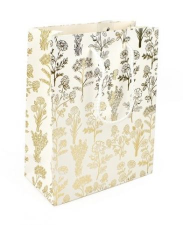 Taška dárková papírová, bílá, zlaté luční kvítí, 18 x 23 x 9 cm