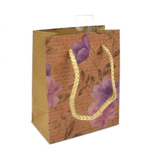 Taška dárková papírová kraft, písmo a kytky, 11 x 13,5 x 6 cm
