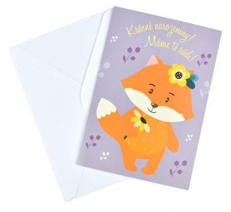 Přání k narozeninám, 13,5 x 19,5 cm, liška