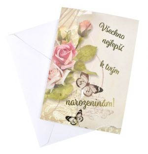 Přání k narozeninám, 13,5 x 19,5 cm, růže a motýl