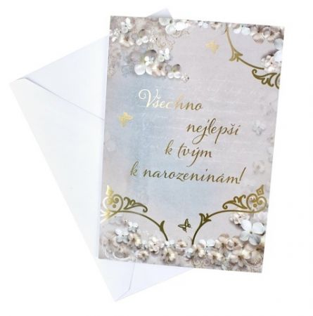 Přání k narozeninám, 13,5 x 19,5 cm, drobné květy