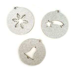 Sada dřevěných výřezů, baňky, stříbrný glitr, 3 ks