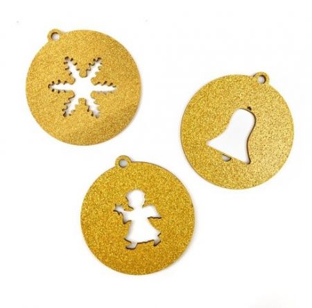 Sada dřevěných výřezů, baňky, zlatý glitr, 3 ks