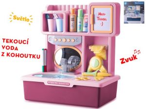 Umyvadlo růžové 35x23x40cm na baterie s tekoucí vodou se světlem, zvukem a doplňky v krabi