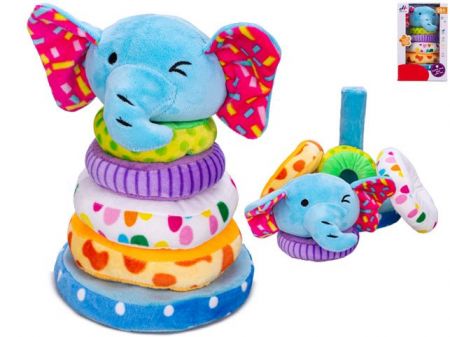 Pyramida slon 21cm plyšová s pískátkem a kroužky 4ks 18m+ v krabičce
