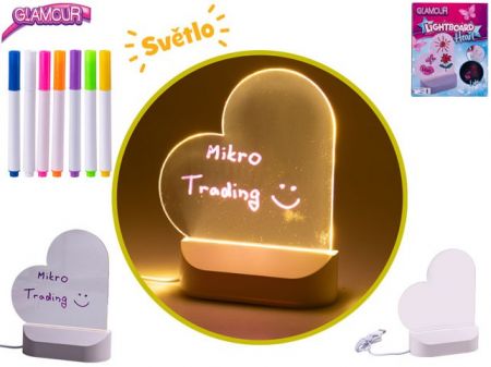 Glamour tabulka ve tvaru srdce 16cm na USB svítící s fixami 7ks v krabičce
