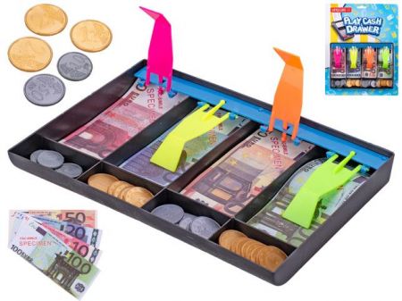 Pokladna 20x14,5cm s bankovkami a mincemi na kartě