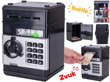 Trezor 19,5cm černý s odemykáním na kód na baterie se světlem a zvukem s penězi v krabičce