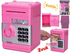 Trezor 19,5cm růžový s odemykáním na kód na baterie se světlem a zvukem s penězi v krabičc