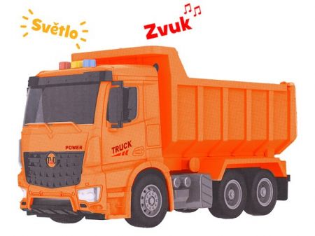 Auto stavební sklápěčka 26cm na setrvačník na baterie se světlem a zvukem v krabičce