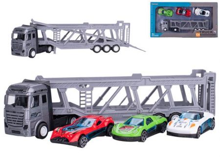 Přepravník aut 22cm kov volný chod s auty 3ks 7cm kov volný chod v krabičce