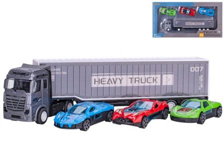 Auto nákladní 22cm kov volný chod s auty 3ks 7cm kov volný chod v krabičce