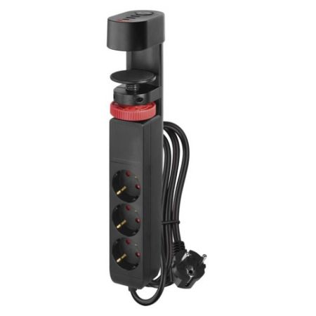 EMOS Prodlužovací kabel 1,5 m/3 zásuvky/vypínač/uchycení na stůl/USB/černý/PVC/1,5 mm2