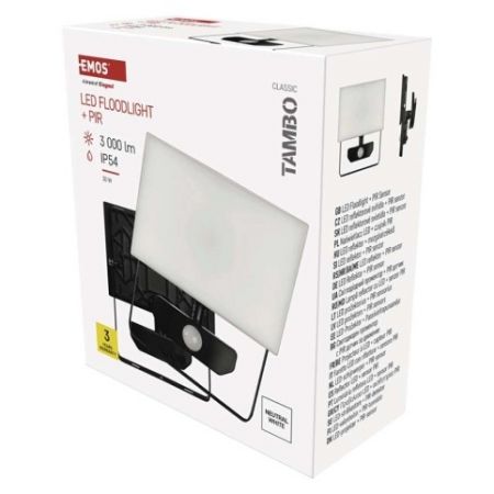 EMOS LED reflektor TAMBO se senzorem pohybu, 30 W, 3000 lm, černý