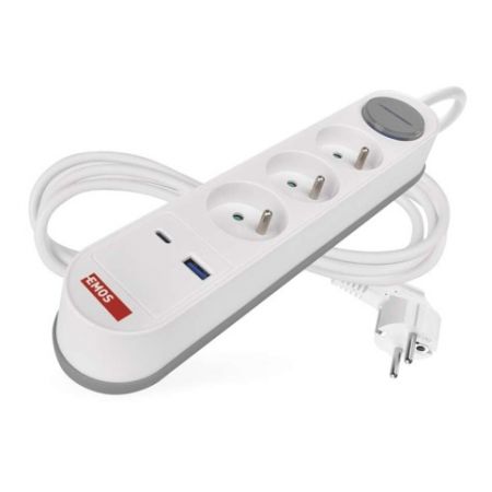EMOS Prodlužovací kabel 2 m / 3 zásuvky / s vypínačem / bílo-šedý / 1×USB-A + 1×USB-C / 1,