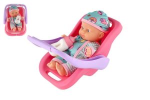 Panenka miminko 20 cm plast v nosítku/autosedačce s lahvičkou v blistru