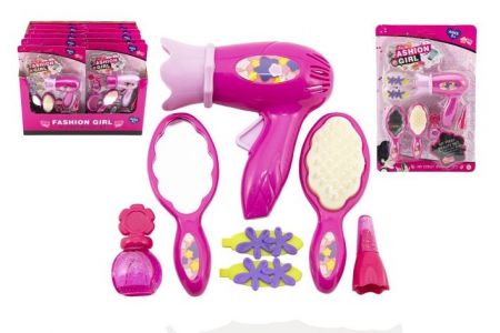 Sada krásy/Malá kadeřnice s fénem a doplňky plast 2 druhy na kartě 18,5x27,5 cm 12ks v box