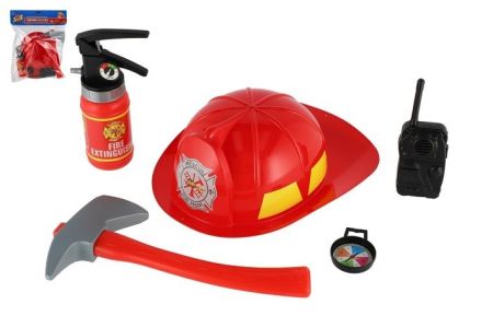 Hasičská sada helma + hasičák stříkací vodu plast 5ks v sáčku
