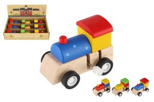 Mašinka na klíček dřevo 7cm asst 3 barvy 9ks v boxu