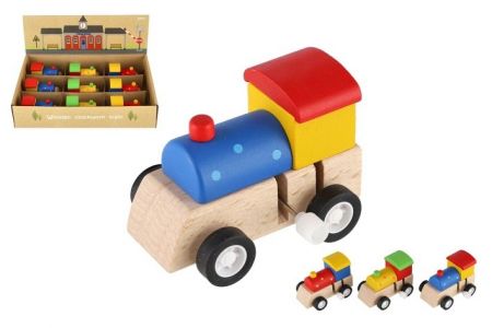 Mašinka na klíček dřevo 7cm asst 3 barvy 9ks v boxu