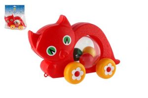 Kočka s míčky tahací plast 27x16x10cm v sáčku 12m+