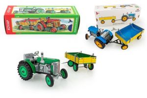 Traktor Zetor s valníkem modrý na klíček kov 28cm Kovap v krabičce
