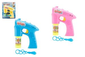 Bublifuk pistole plast 13cm + 2x náplň na baterie na kartě, 3 barvy 