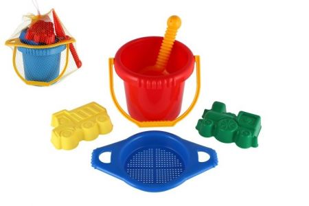 Kbelík sítko lopatka 2 bábovky plast v síťce 12m+