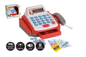 Pokladna malá digitální plast 18cm s doplňky na baterie se zvukem se světlem v krabici 22x