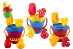 Sada na písek plast kbelík se sítkem 15x13cm, lopatka, hrabičky, 2 bábovky 4 barvy v síťce