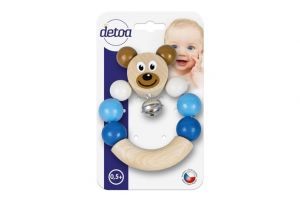 Chrastítko/Hrkadlo medvěd modrý dřevo 7x9cm na kartě 6m+