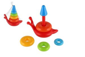 Skládanka pyramida kroužky šnek plast 6ks v síťce 18x20x12cm 12m+