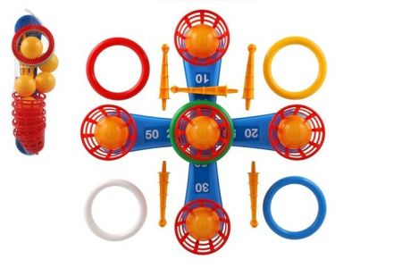 Házecí hra plast kříž s kruhy + košíčky s míčky v síťce